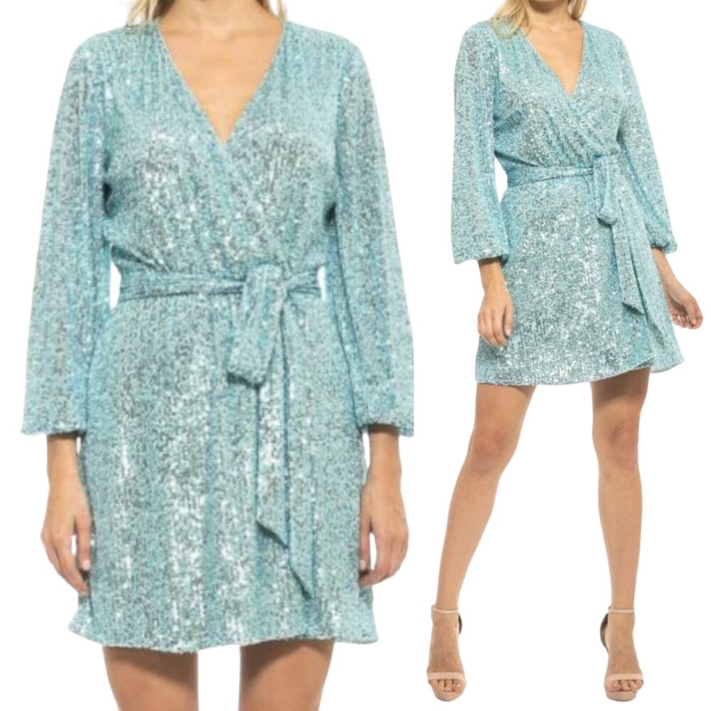Alexia Admor Sequin Mini Wrap Dress Long Sleeve Tie Waist Mint Blue Womens L
